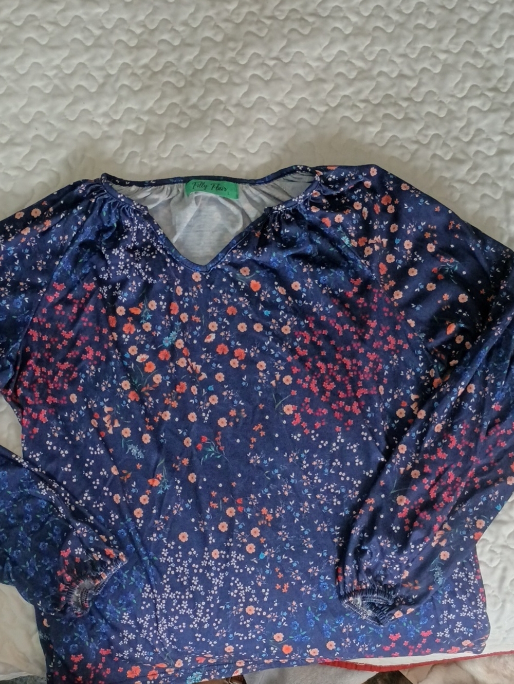 Filly Flair Navy Floral V-Neck Blouse with Pink & Coral Accents